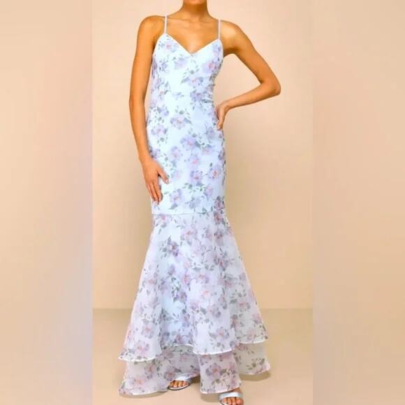 Lulu's Pure Splendor Lavender Floral Organza Trumpet Maxi Dress NWT XL Bridal - Picture 1 of 5